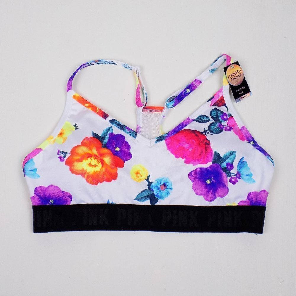 nwt PINK Victoria's Secret logo neon floral ultimate sports bra gym tropical